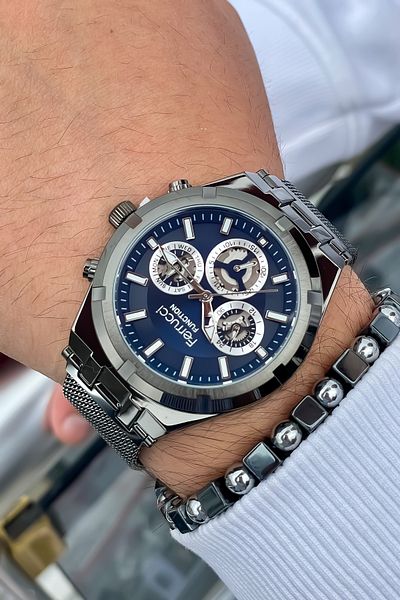 Ferrucci Men's Wristwatch - All Functions Active, Steel Case and Cord Bracelet Gift