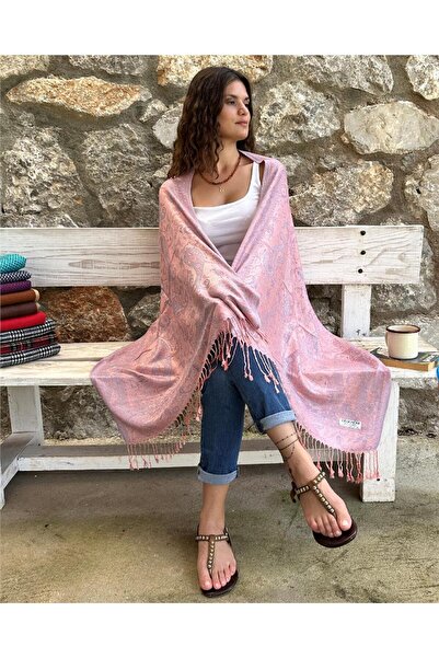ByEnBi Paşmina Şal Somon A.mavi Renk Tek Ebat 70x185 %50 Modal %50 Ipek