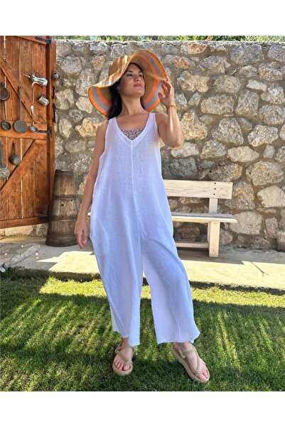 ByEnBi İtalyan Keten Tulum Beyaz Std