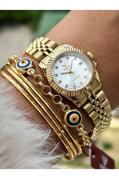 Fiesta Gold Yellow Steel Band Women's Wristwatch with Small Case Calendar for Bride and Engagement