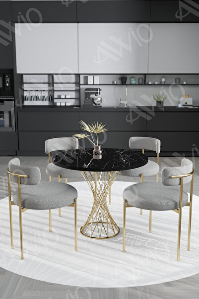 AVVİO Tiny MAT GOLD Teddy Sandalye 90x90 Yuvarlak Yemek Masası Mutfak Masası ...