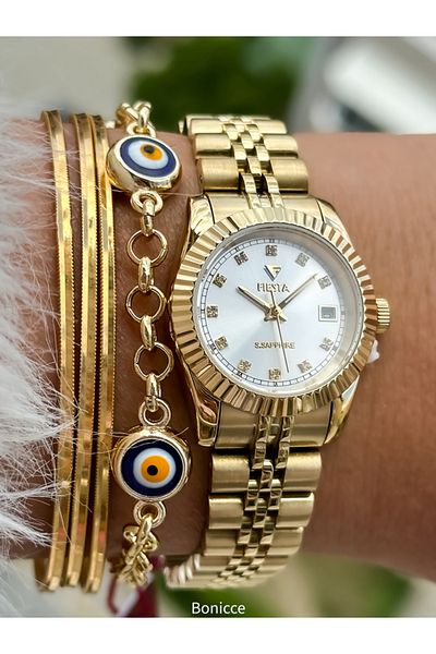 Fiesta Gold Yellow Steel Band Women's Wristwatch with Small Case Calendar for Bride and Engagement