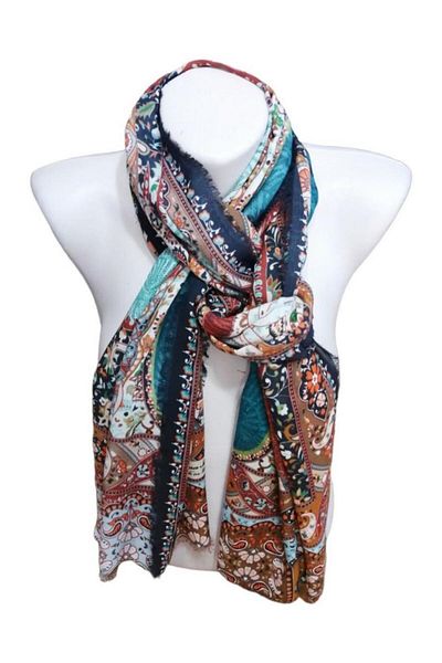 ByEnBi Suzani Patterned Shawl Black Green Blue 100% Viscon 70x190 Cm