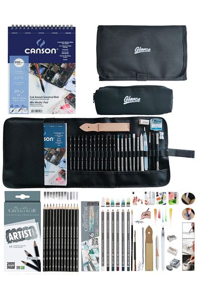 GLANCE Notebook A5 200gr Cretacolor 6-Piece Aquarell-Grade Pocket Black Pen Holder 24 compartments + Pen Box Set