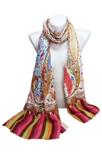ByEnBi Indian Patterned Shawl Beige Turquoise Red 100% Viscon 70x190 Cm