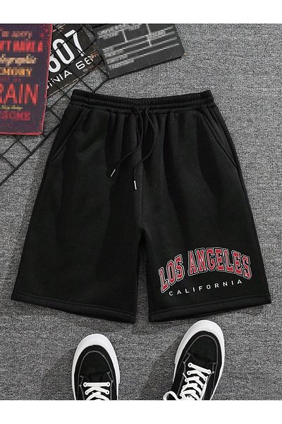 Boi Unisex Μαύρο Γκρι Loose Cut Loose Short - Los Angeles High Waist με στάμπα με τσέπες