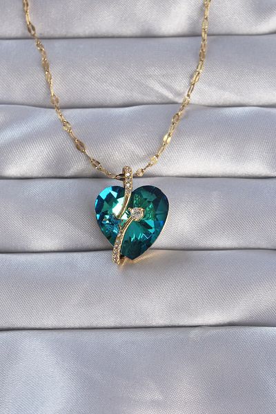 Moka Shopin Blue Heart Design Necklace with Gold Zircon Stone - 316L Steel Chain