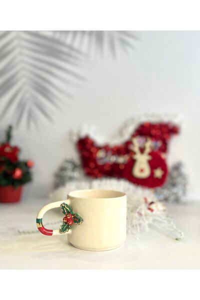 Genel Markalar Kokina Çiçeği Desenli Yılbaşı Temalı El Yapımı Kupa Bardak %10...