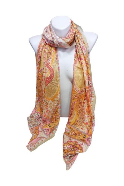 ByEnBi Suzani Desenli Şal Krem Pembe %100 Viscon 70x190 Cm