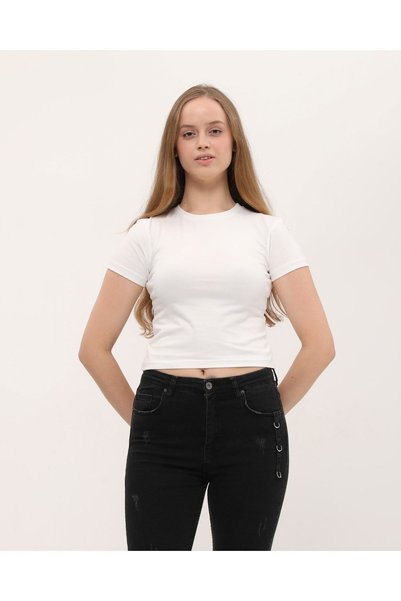 Owut Collection White 100% Cotton Crop Crew Neck Knitted T-Shirt
