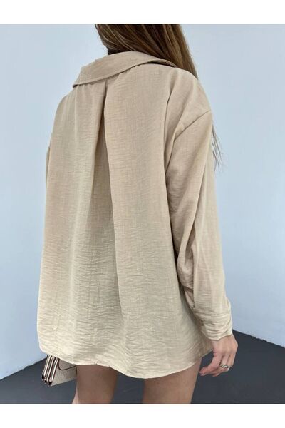 BİKELİFE Női bézs egyzsebű, túlméretezett lenvászon ing