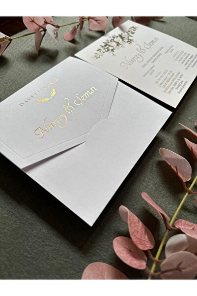 Luna Davetiye Beyaz Kapaklı Zarflı Altın Yaldızlı Düğün Davetiyesi (50 ADET)