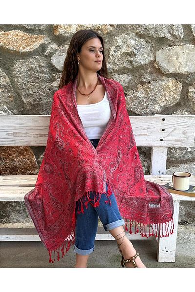 ByEnBi Red Gray Colored Pashmina Shawl - 70x185, 50% Modal and 50% Silk