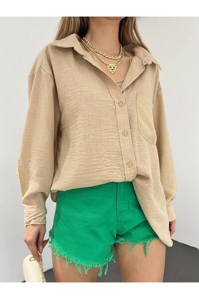 BİKELİFE Női bézs egyzsebű, túlméretezett lenvászon ing