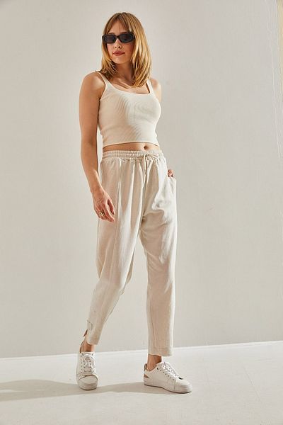 Bianco Lucci Ecru Linen Shalwar Trousers - Leg Detail, Elastic Waist and Pocket60251017