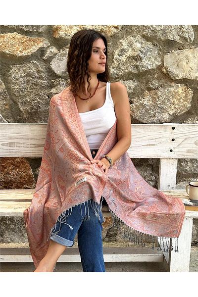 ByEnBi Grey-Pink Colored Pashmina Shawl - Single Size 70x185 50% Modal Silk