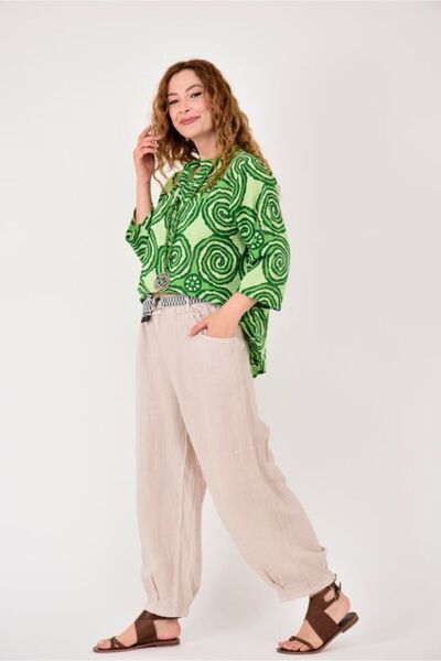 Butik Ayseba Park Moda Kadın Yeşil Sarmal Desen Keten Gömlek