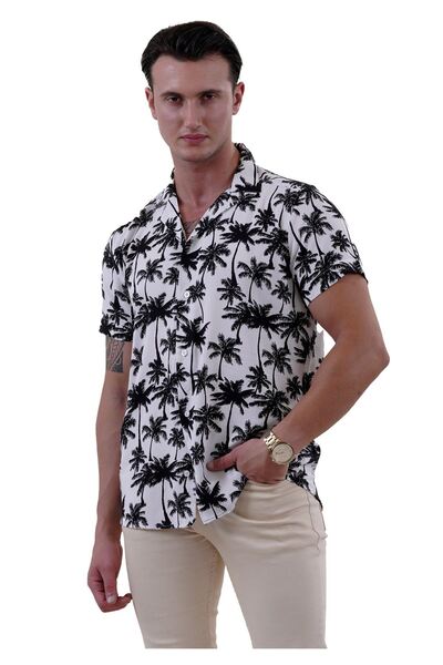Exve Exclusive Cămașă casual oversize, albă, neagră, imprimată cu palme - cu mânecă scurtă