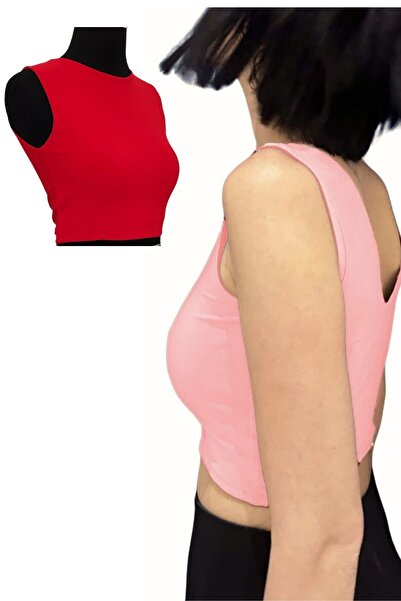 Due Stelle Red-Powder Patterned Double-Sided Women's Crop Blouse