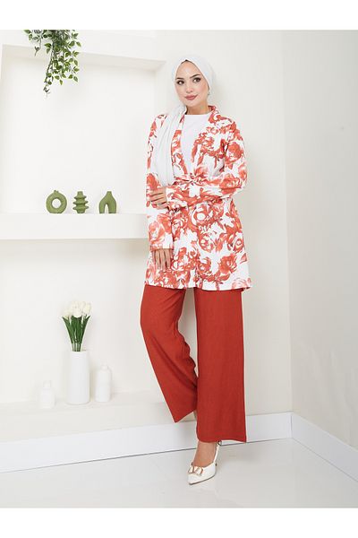 VOLT CLOTHİNG Damski zestaw kimono w kwiatowy wzór – bez zapięcia i z paskiem