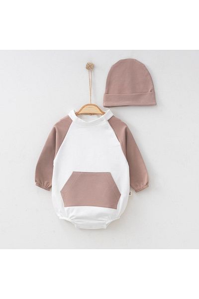Minimus Unisex Baby Cotton Romper Jumpsuit Set with Hat Snaps at the Bottom Pocket Detailed Baby Set