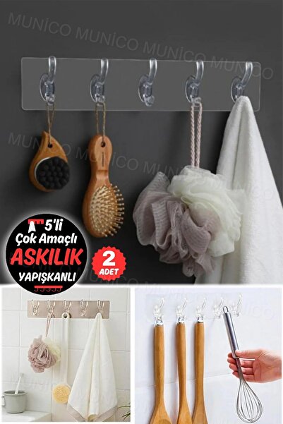 Munico 2 Adet 5 Kancalı Şeffaf Askılık Duvara Monte Yapışkanlı Mutfak Banyo G...
