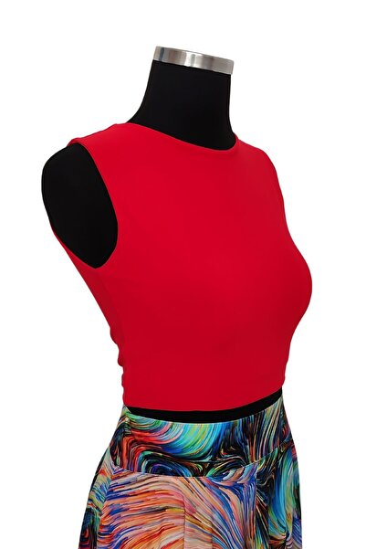 Due Stelle Red-Powder Patterned Double-Sided Women's Crop Blouse