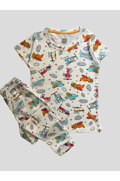 elmas kids Boy's Cotton Helicopter Airplane Patterned Ribbed Short Sleeve Summer Pajamas Set
