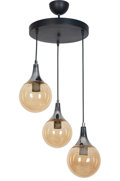 Fer Avize Damla Modern Design Pendant Lamp Black Chrome Color Honey Glass Living Room - Kitchen - Bedroom 3-Piece Chandelier