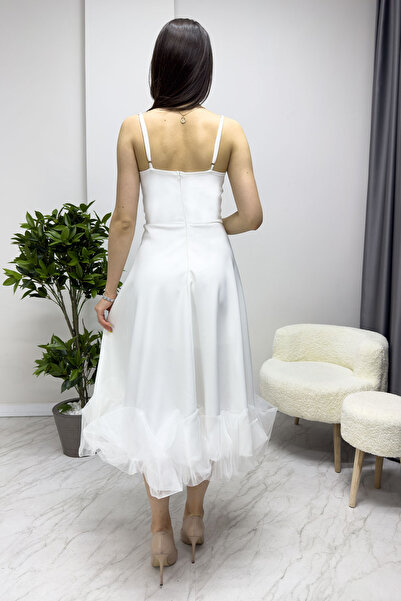 Elbise Delisi Kadın Beyaz Kloş Etek Ucu Tül Detay Midi Abiye Elbise Siyah,Beyaz