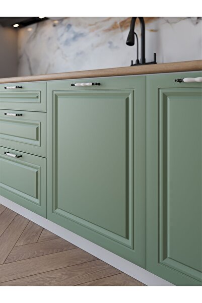 visasconcept 300 Cm Mdf Gövde Membran Kapak Üç Çekmeceli Zümra Hazır Mutfak - Su Yeşili - Beyaz (TEZGAH DAHİL)