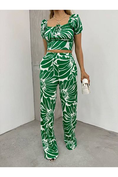 MY DEPO Patterned Elastic Crop Blouse and Trousers Set