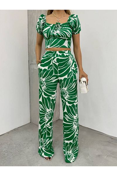 MY DEPO Patterned Elastic Crop Blouse and Trousers Set