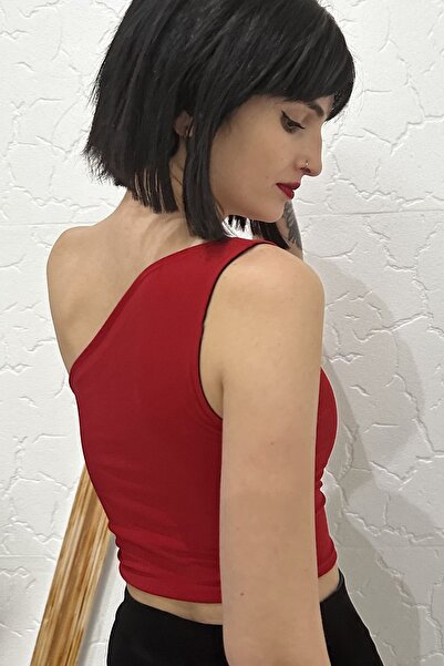 Due Stelle Double Sided Women's One Shoulder Patterned Crop Blouse Red - Abstract