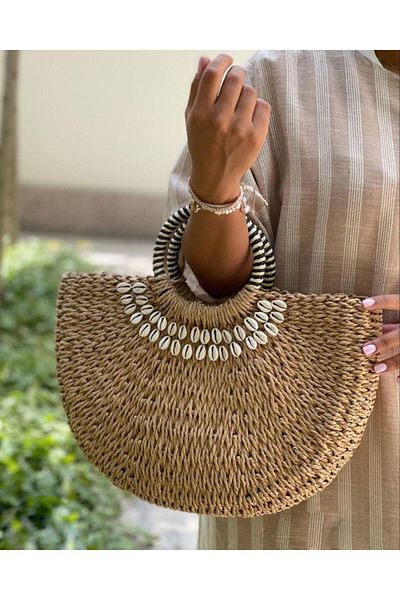 FASHION COCKTAIL Bohemian Medium Size Straw Bag - Hard Knitted, Half Moon Seashell, Handle Strap and Drawstring