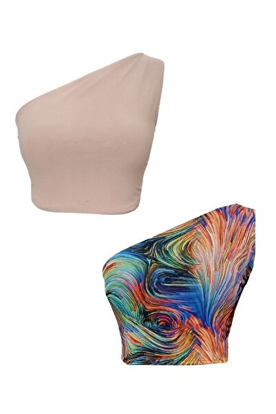 Due Stelle One Shoulder Double Sided Patterned Women's Crop Blouse - Beige