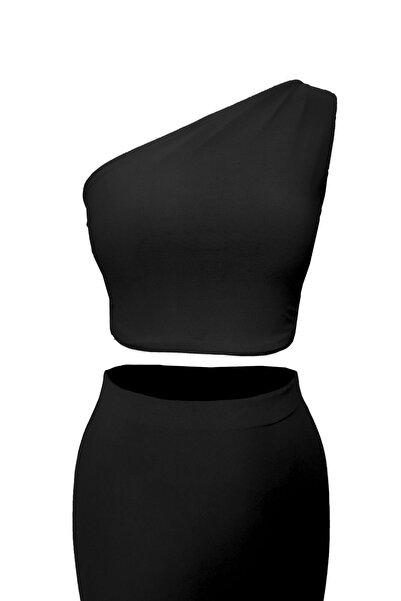 Due Stelle One Shoulder Patterned Crop Blouse Black