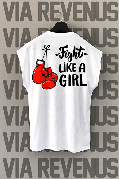 Vordevia Tricou sport alb - Fight Like a Girl, imprimat pe spate, mâneci zero