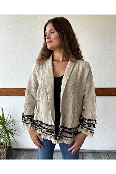 ByEnBi Siyah Işlemeli Pullu Simli Bej Pamuk Ceket Std