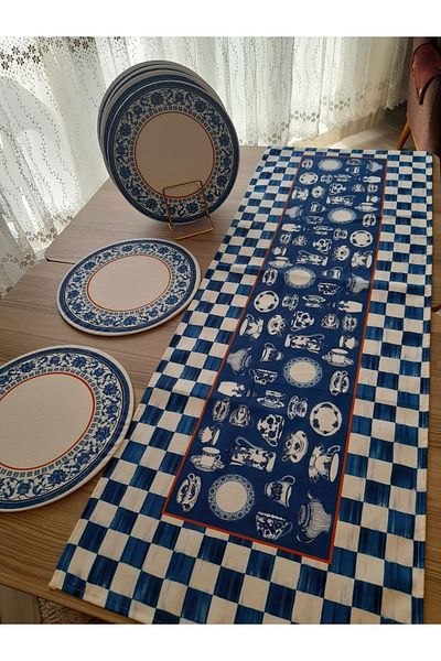 Dream Home Aslıdreamhome American & Service Runner, Blue Cup Pattern Runner, și set de 6 plăci MDF