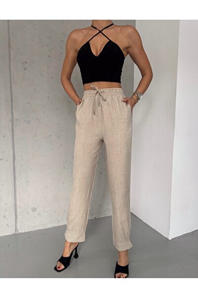 KAŞİHA High Waist Comfortable Fit - Women's Trousers with Stone Linen Detail