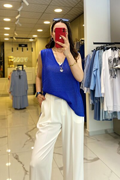 Vosse On Fashıon Saks Fileli V Yaka Yanları Fermuarlı Süveter