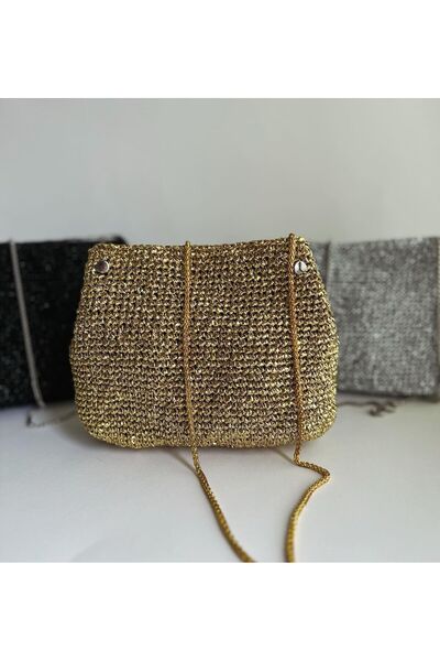 B Made Parlak Metalik Lame Gold / Günlük / Abiye Mini Omuz Çantası