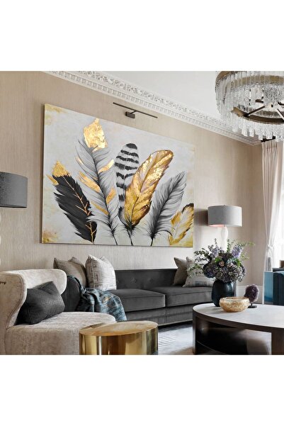 HEDİYE AKSESUARCIM Yağlı Boya Efektli Kuş Tüyleri Tablosu (siyah - Beyaz Komb...