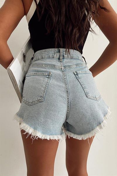 FASHION COCKTAIL Pantaloni scurți din denim boemi cu talie înaltă, cu ciucuri, fără rupere