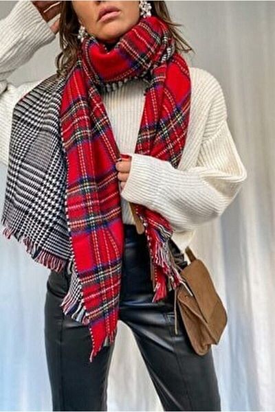çiğdem eşarp Women's Red Scottish Pattern Double Sided Soft Textured Scarf Iskociftaraf