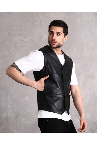 NYC GİYİM TEKSTİL Black Genuine Leather Men's Vest - Side Pocket