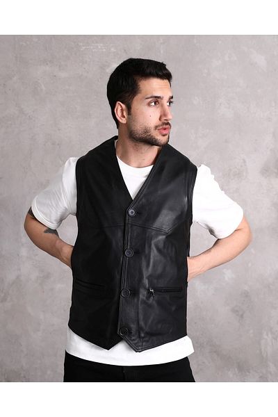 NYC GİYİM TEKSTİL Black Genuine Leather Men's Vest - Side Pocket