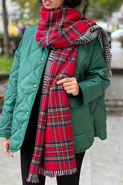 çiğdem eşarp Masalsu Double Sided Scottish Plaid Patterned Scarf Shawl