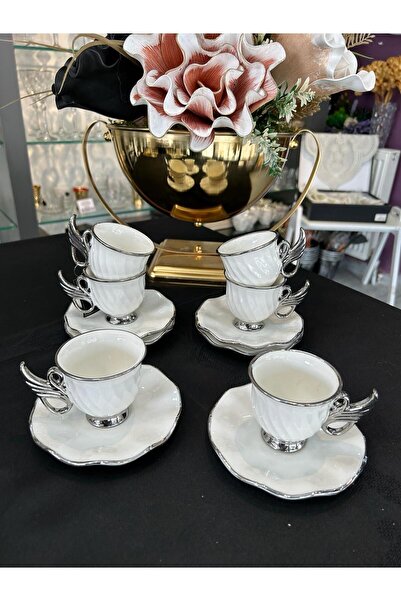 Kosova ACAR JADE 6 KİŞİLİK PORSELEN GÜMÜŞ RENKLİ KAHVE FİNCAN TAKIMI